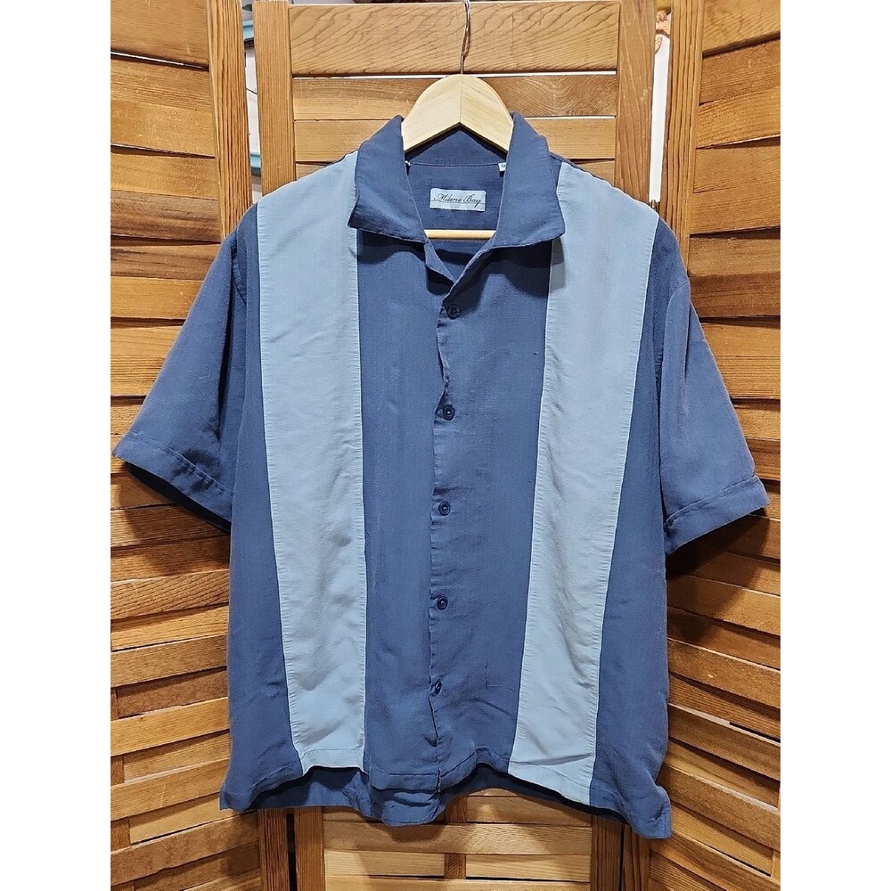 Milano Bay Men XXL Blue Two-Tone Vertical Panel Short Sleeve Button-Up Shirt